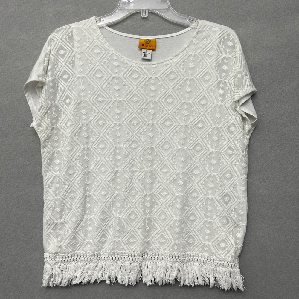Ruby Rd. Women M Top White Mesh Embroidered Boho Festival Fringe Blouse